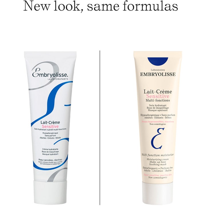 Embryolisse Lait-Crème Sensitive 100 ml ansiktskrem i hvit og beige tube som viser nytt og gammelt design.