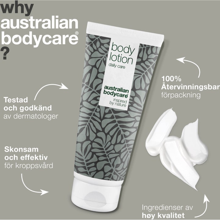 Australian Bodycare Body Lotion 200 ml pleiende kroppskrem i hvit tube med bladmønster og hvit kremtekstur