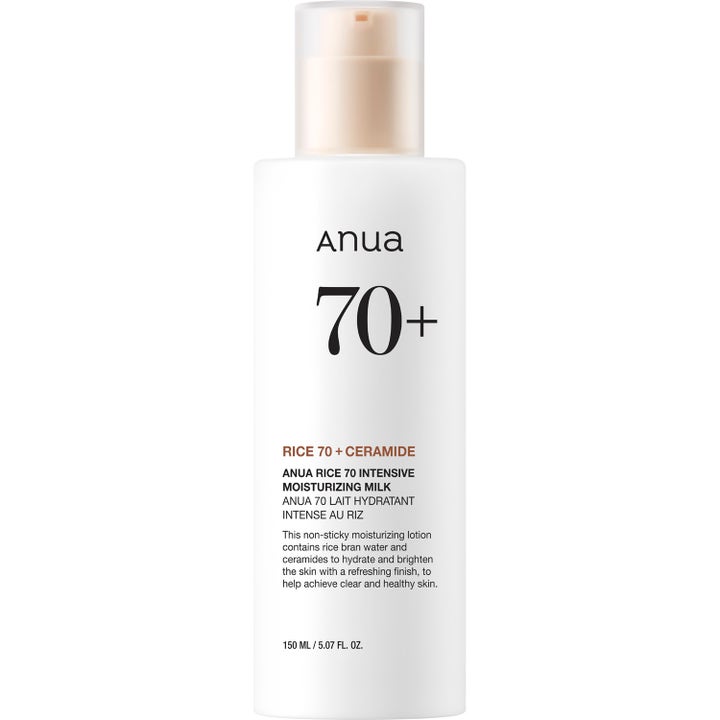 Anua Rice 70 Intensive Moisturizing Milk 150 ml ansiktslotion med ceramider i hvit flaske som gir huden fukt og glød