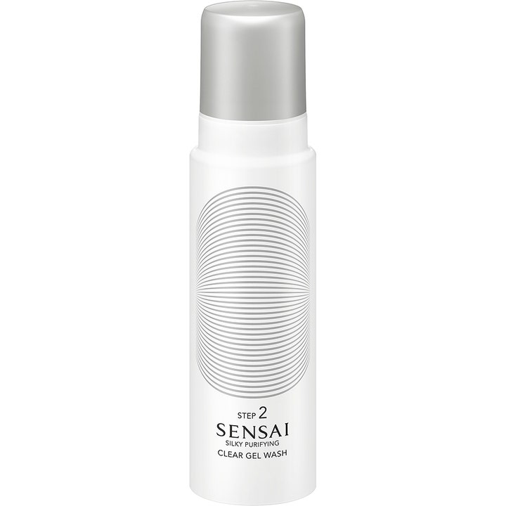 Sensai Silky Purifying Clear Gel Wash 145ml dyprensende ansiktsgel i hvit flaske med matt sølvhette og sirkeldesign