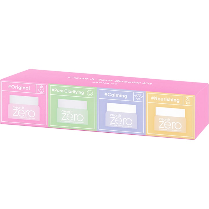 Banila Co Clean It Zero Cleansing Balm Miniature Set 4x7ml ansiktsrengjøring i rosa eske med fire fargerike krukker.
