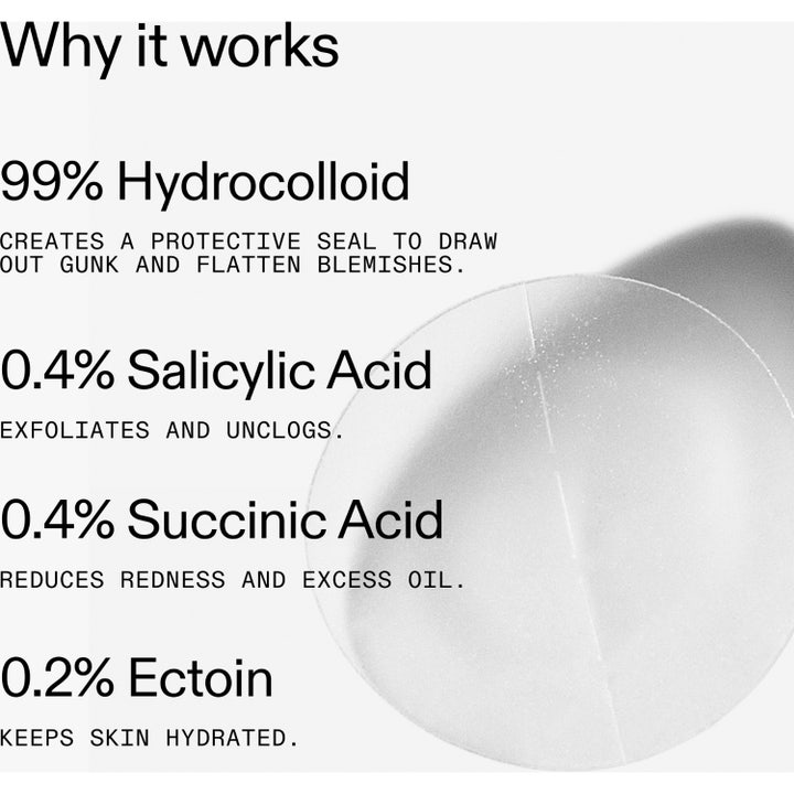The INKEY List Hydrocolloid Invisible Pimple Patches 22 stk infografikk viser innhold av salisylsyre og ravsyre.