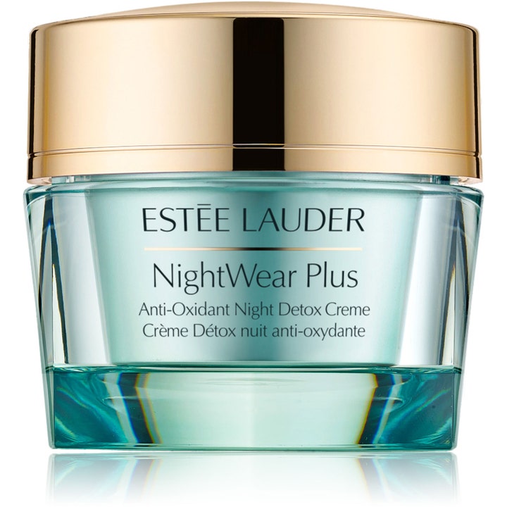 Estée Lauder NightWear Plus 50 ml avgiftende nattkrem i turkis glasskrukke med gullfarget lokk.