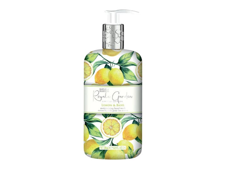 Baylis & Harding Royale Garden Lemon & Basil 500 ml fuktighetsgivende håndsåpe i flaske med sitroner og sølvdetaljer