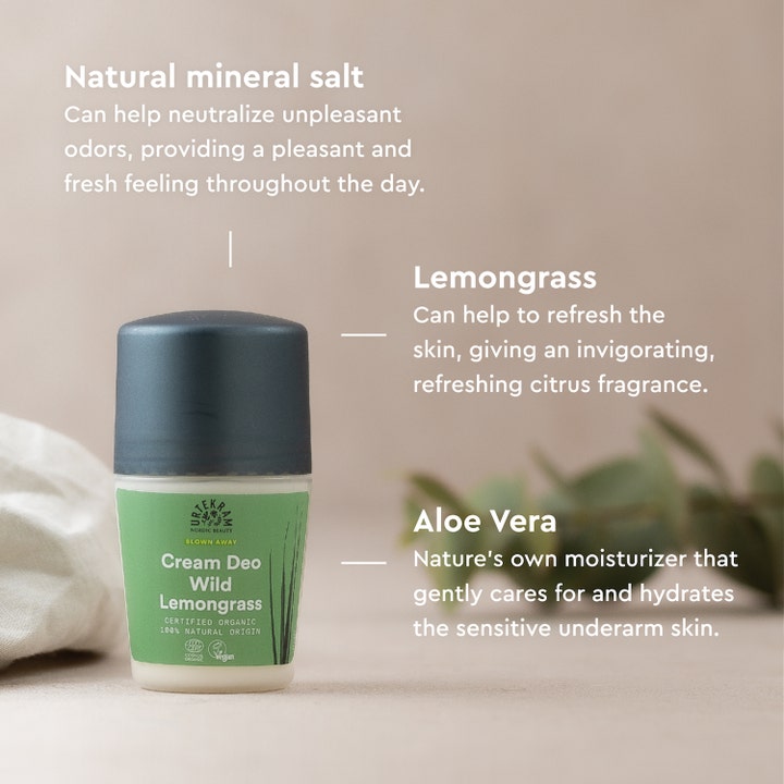 Urtekram Wild Lemongrass Deo 50 ml fuktighetsgivende deodorant med aloe vera vist i infografikk med ingredienstekst.