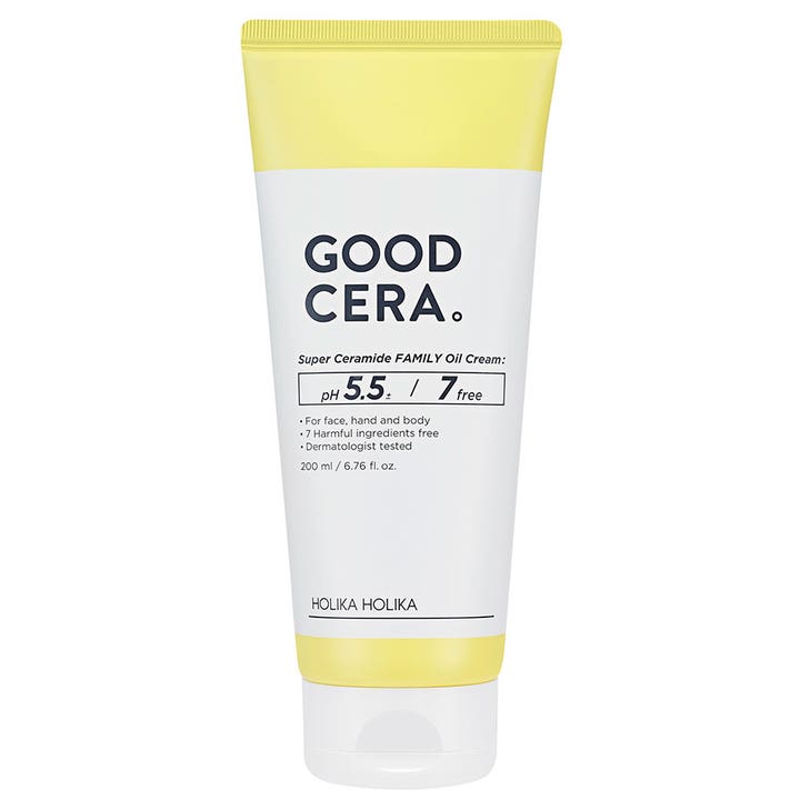 Holika Holika Good Cera Family Oil Cream 200 ml fuktighetskrem i hvit og gul tube som styrker hudbarrieren.