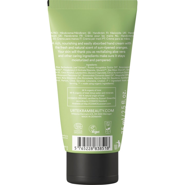 Urtekram Aloe Vera Hand Cream 75 ml fuktighetsgivende håndkrem viser baksiden av tuben med vegansk merking