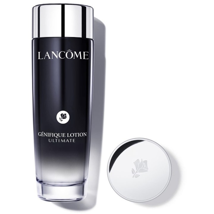 Lancôme Génifique Lotion Ultimate ansiktslotion gir glød i en sort gradientflaske med sølvfarget kork og logo.