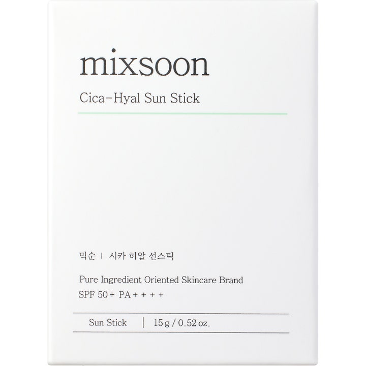 Mixsoon Cica-Hyal Sun Stick 15 g beroligende solbeskyttelse i hvit eske med SPF 50 og fuktighetsgivende cica.