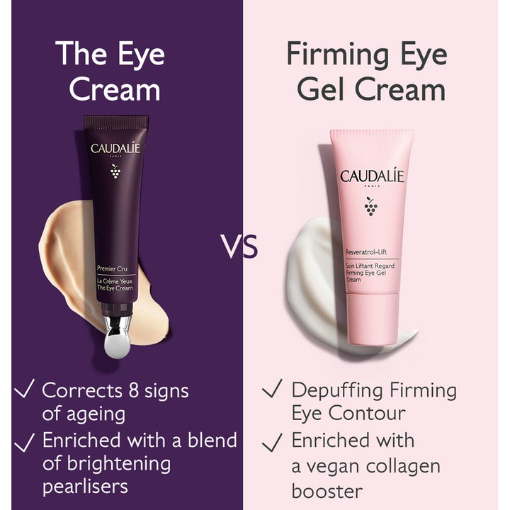 Caudalie Premier Cru The Eye Cream 15 ml øyekrem sammenlignet med Firming Eye Gel Cream i tuber med applikator.