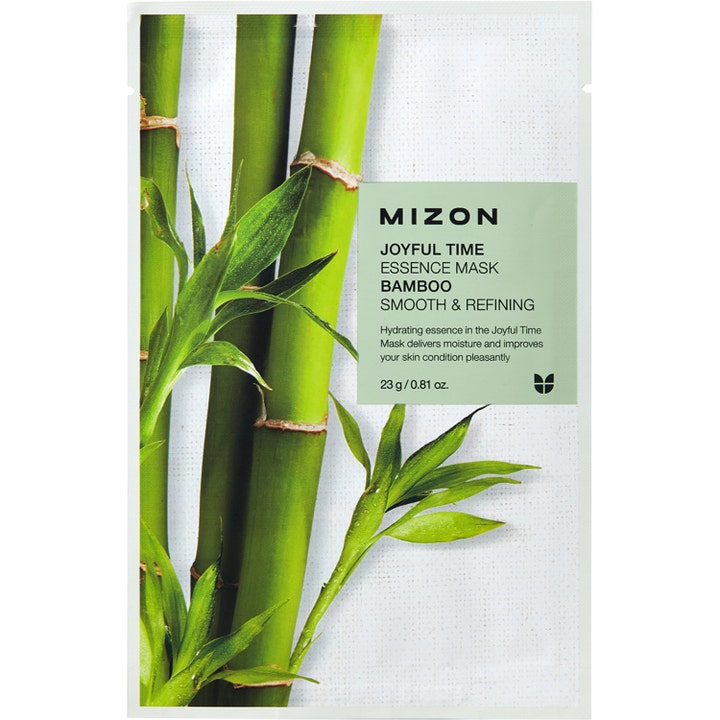 Mizon Joyful Time Essence Mask Bamboo 23 g fuktighetsgivende ansiktsmaske i hvit pose med grønne bambusstengler