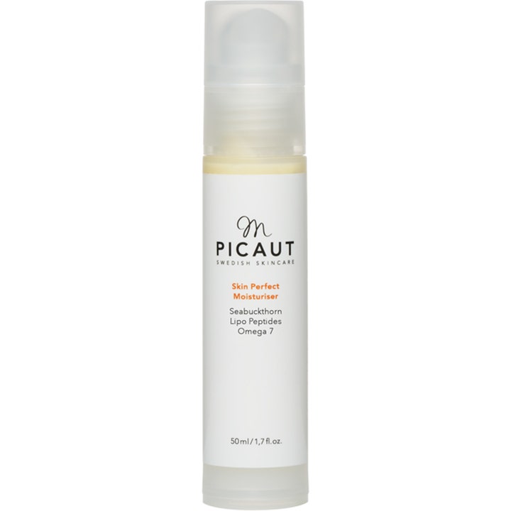 M Picaut Skin Perfect Moisturiser 50 ml ansiktskrem med tindved og peptider i hvit pumpeflaske med frostet hette.