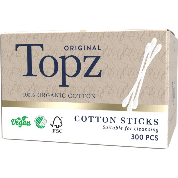 Topz Original Bomullspinner 300 stk for skånsom rens i beige og hvit pappeske med illustrasjon av bomullspinner