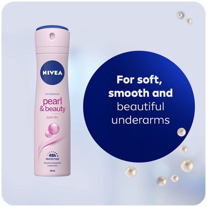 NIVEA Pearl & Beauty Deospray 150 ml deodorant for myke armhuler i rosa sprayflaske med perler og en blå sirkel