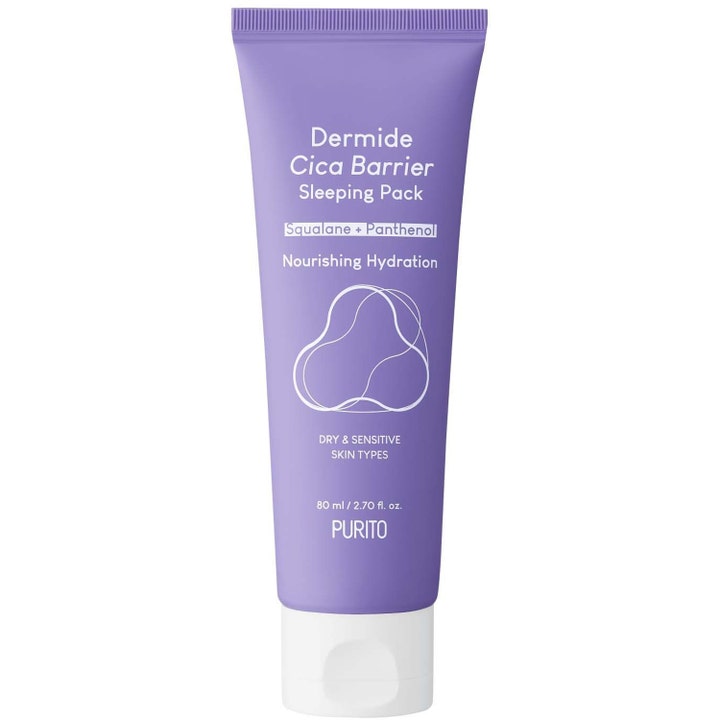 Purito Dermide Cica Barrier Sleeping Pack 80 ml beroligende nattmaske i lilla tube som gir dyp fuktighet
