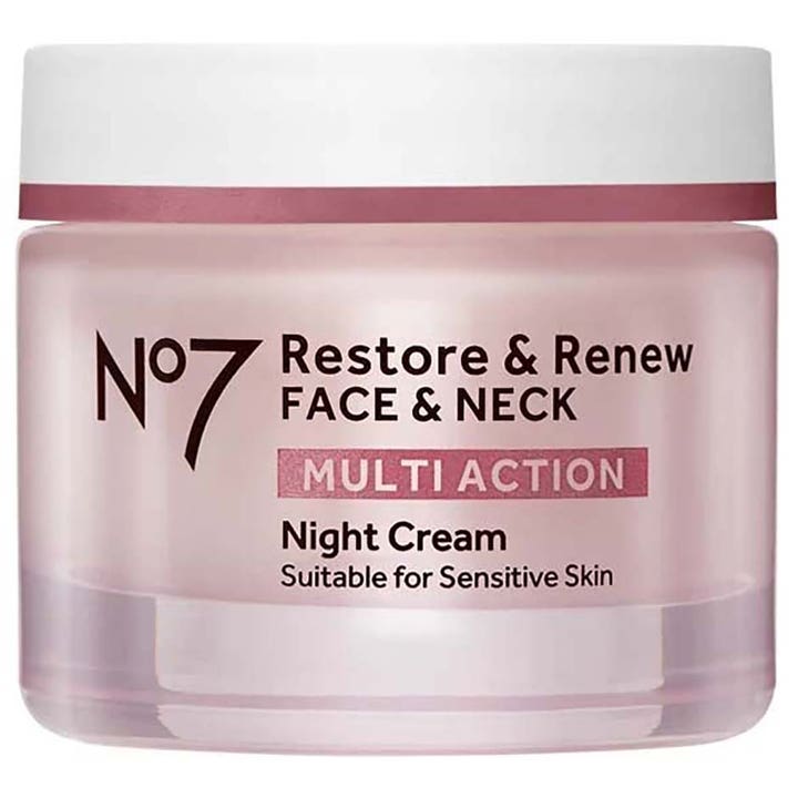 No7 Restore & Renew Face & Neck Multi Action Night Cream fornyende nattkrem i en rosa glasskrukke med hvitt lokk