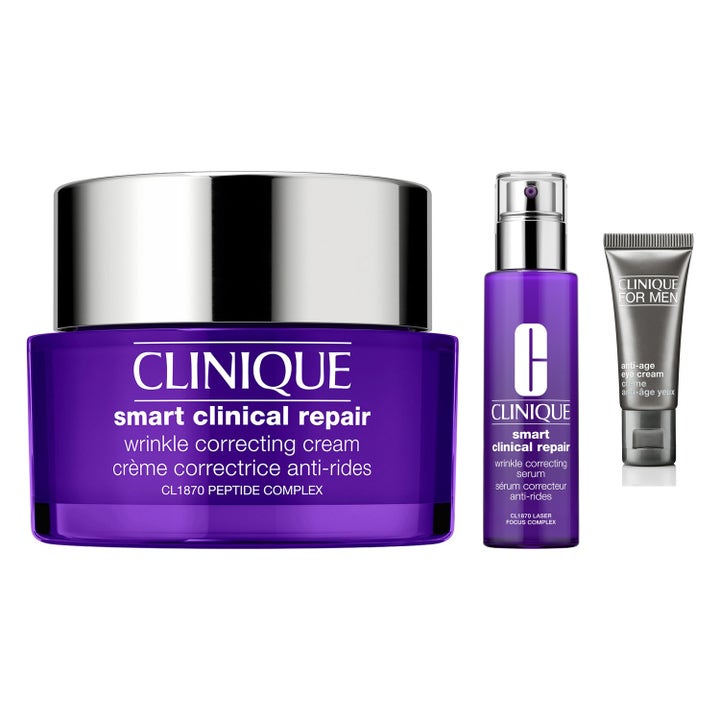 Clinique Smart Clinical Repair rynkekorrigerende sett med lilla krukke serum og grå anti-age øyekrem i tube