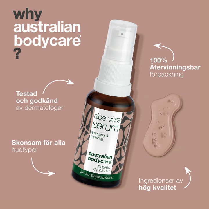 Australian Bodycare Aloe Vera Serum 30 ml fuktighetsgivende ansiktsserum i glassflaske med pumpe og teksturprøve