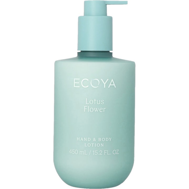 Ecoya Lotus Flower Hand & Body Lotion 450 ml pleiende fuktighetskrem i matt mintgrønn flaske med pumpe