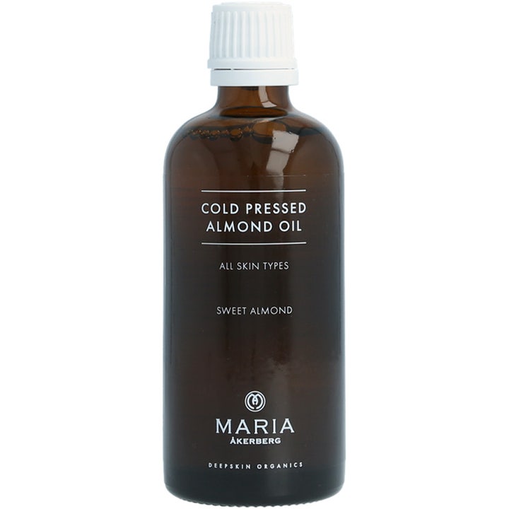 Maria Åkerberg Cold Pressed Almond Oil 100 ml mykgjørende kroppsolje i brun glassflaske med hvit kork