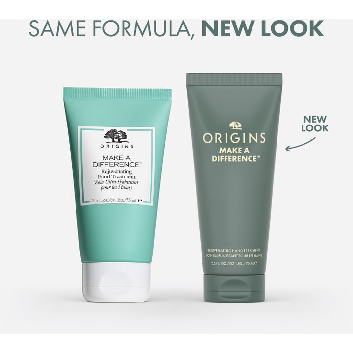 Origins Make a Difference 75 ml fuktighetsgivende håndkrem i gammel og ny mørkegrønn tube med samme formel