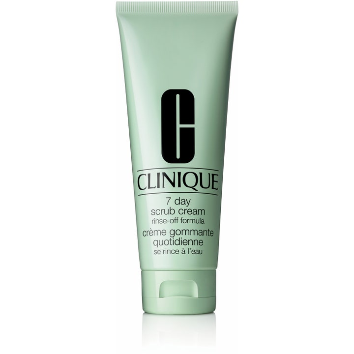 Clinique 7 Day Scrub Cream eksfolierende ansiktsskrubb i en lysegrønn tube som gir huden en glatt finish.