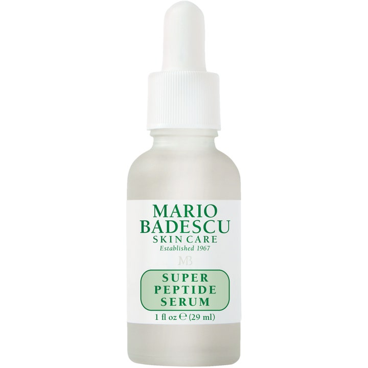Mario Badescu Super Peptide Serum 29 ml oppstrammende serum i frostet glassflaske med hvit pipette.