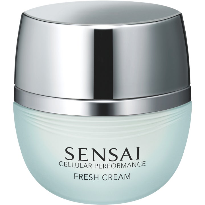 Sensai Cellular Performance Fresh Cream fuktighetsgivende ansiktskrem i lyseblå frostet glasskrukke med sølvlokk.