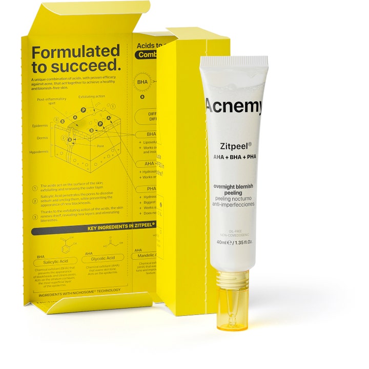 Niche Beauty Lab Acnemy Zitpeel 40 ml eksfolierende peeling i hvit tube ved siden av gul eske med AHA BHA PHA.