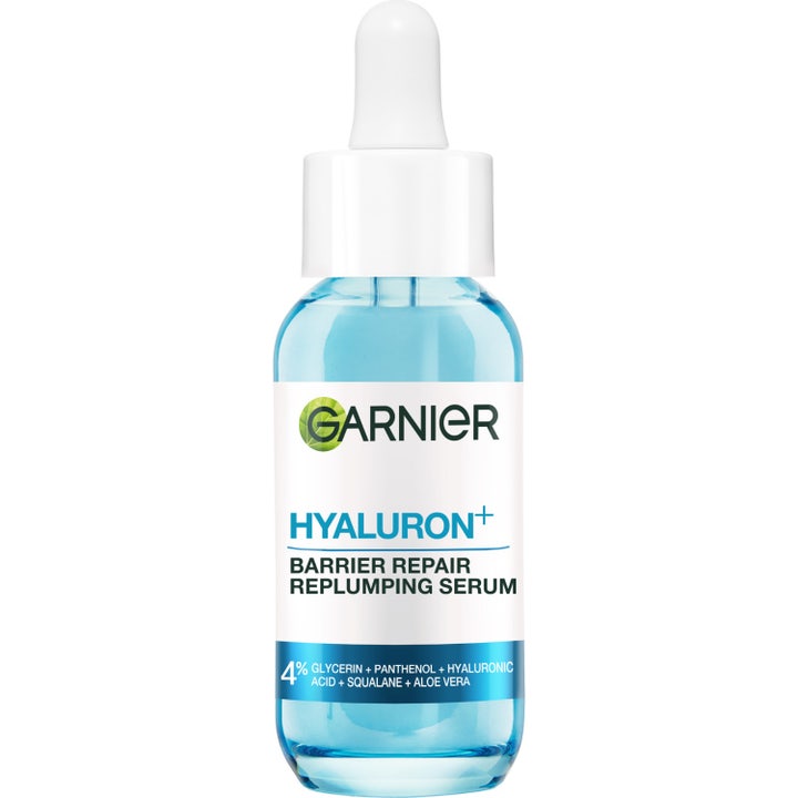 Garnier Hyaluron+ Barrier Repair Replumping Serum fuktighetsgivende ansiktsserum i blå glassflaske med hvit pipette
