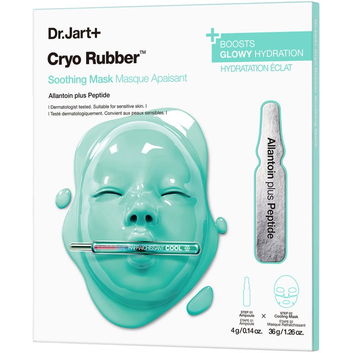 Dr. Jart+ Cryo Rubber Soothing Mask 40g beroligende ansiktsmaske i hvit eske med lyseblått ansikt og ampulle.