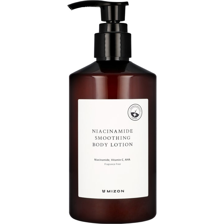 Mizon Niacinamide Smoothing Body Lotion utjevnende bodylotion med AHA i brun pumpeflaske med hvit etikett