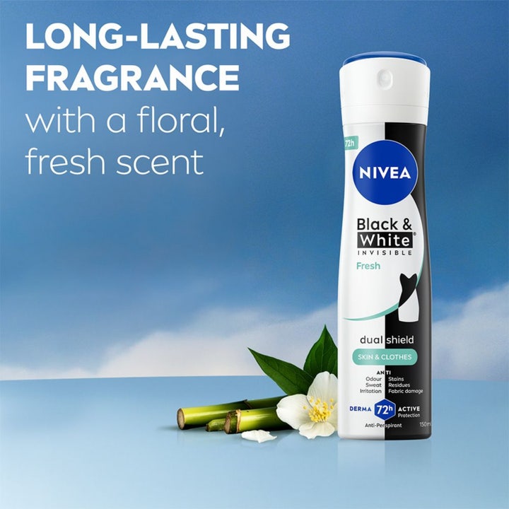 NIVEA Black & White Fresh Spray 150 ml deodorant med grafikk som viser beskyttelse mot gule flekker og hvite merker på klær.