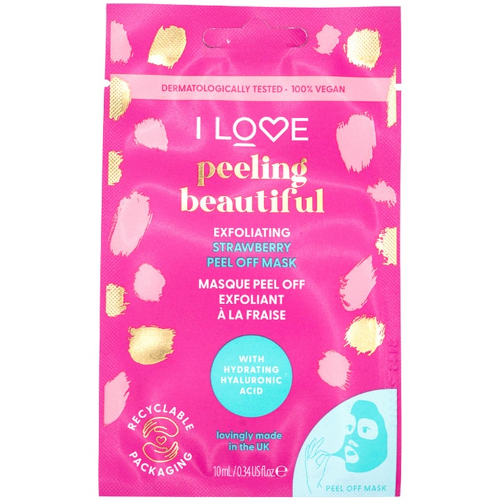 I LOVE Peeling Beautiful Strawberry Peel Off Mask 10ml eksfolierende ansiktsmaske i rosa pose med gulldetaljer