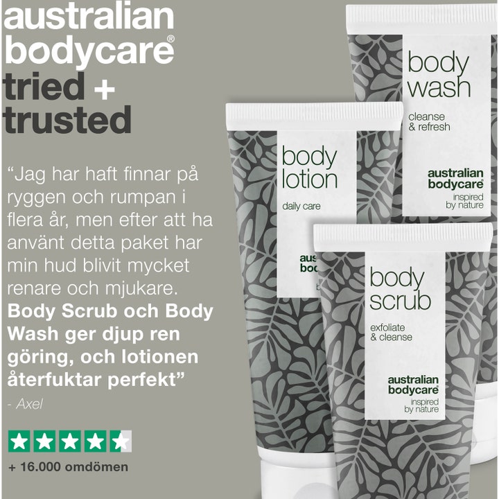 Australian Bodycare 3 Body Products 100 ml hudpleie mot kviser med tea tree oil viser tuber og stjernerangering