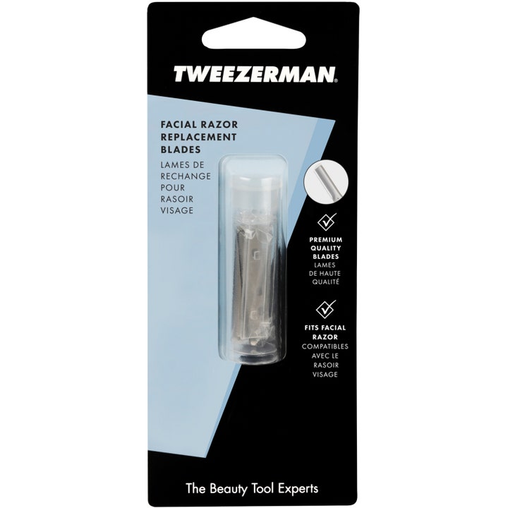 Tweezerman Facial Razor Replacement Blades ansiktshårfjerning reserveblader i et rør på sort butikkforpakning