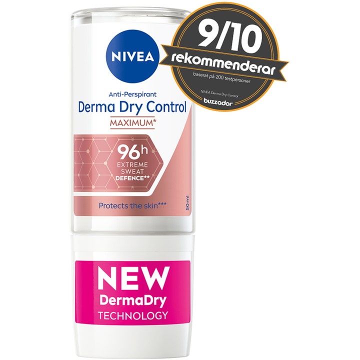 NIVEA Derma Dry Control 50 ml roll-on deodorant med 96h svettebeskyttelse og Buzzador-merke.