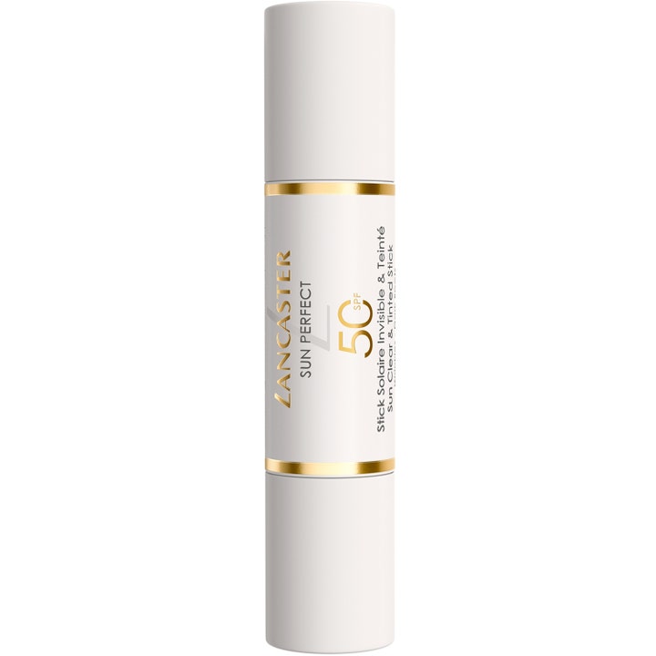 Lancaster Sun Perfect Airy Clear & Tinted Duo Stick 13 g solbeskyttelse i en hvit stift med gulldetaljer og SPF 50