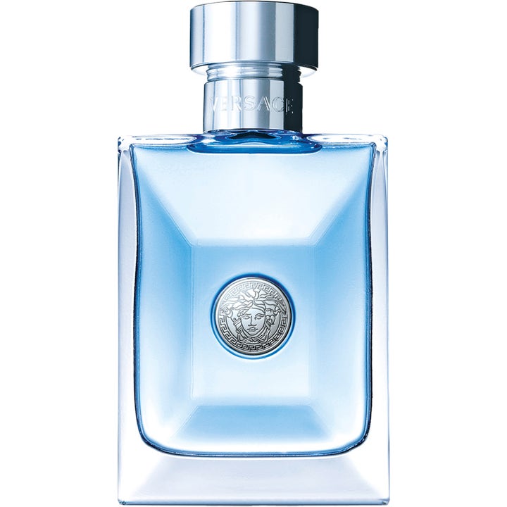 Versace Pour Homme frisk herreparfyme i en rektangulær glassflaske med lyseblå væske og sølvfarget Medusa-detalj