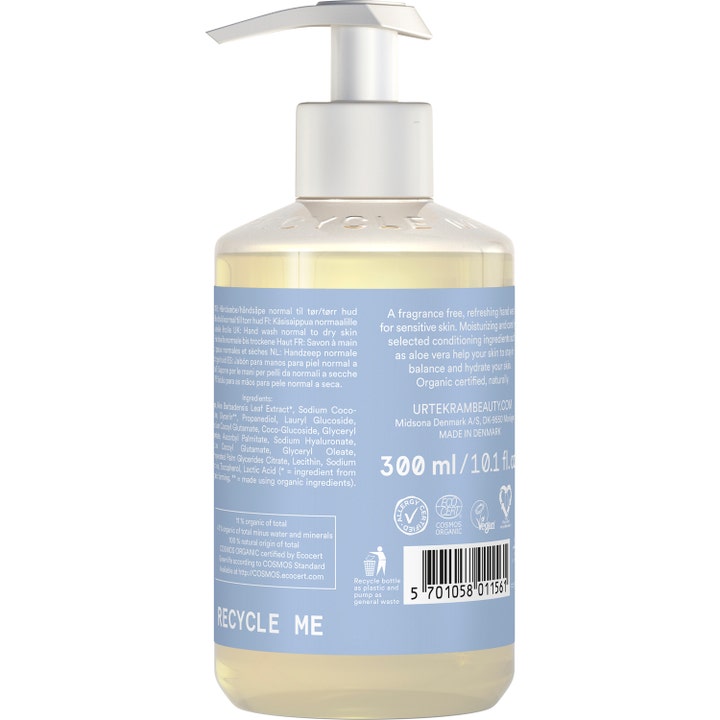 Urtekram Hand Wash Fragrance Free 300 ml pleiende håndsåpe på gjennomsiktig pumpeflaske med blå etikett
