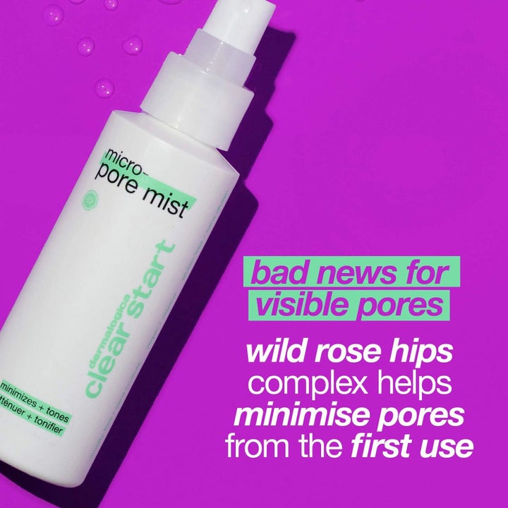 Dermalogica Clear Start Micro-Pore Mist ansiktsspray med wild rose hips som minimerer porer på lilla bakgrunn