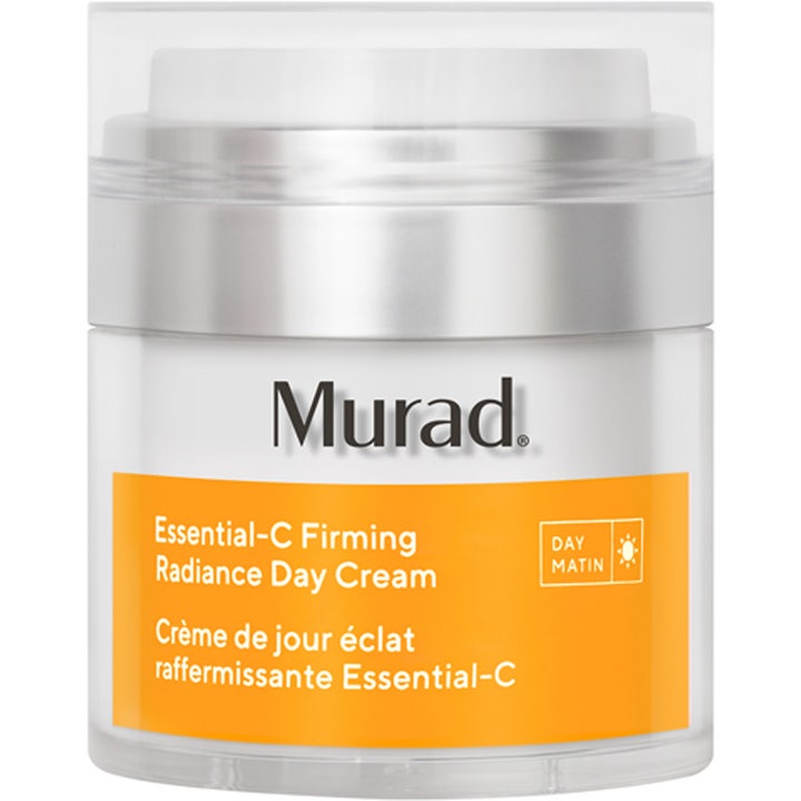Murad Essential-C Firming Radiance Day Cream dagkrem som gir glød i hvit krukke med oransje etikett og sølvpumpe