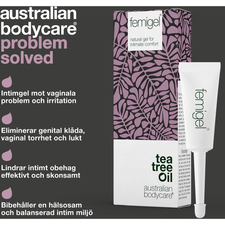 Australian Bodycare Femigel 25 ml lindrer kløe i intimområdet, hvit tube ved lilla eske med bladmønster