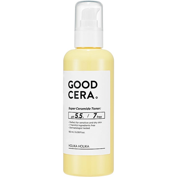 Holika Holika Good Cera Super Ceramide Toner 180 ml fuktighetsgivende ansiktstoner i gul plastflaske med hvit etikett og pumpe