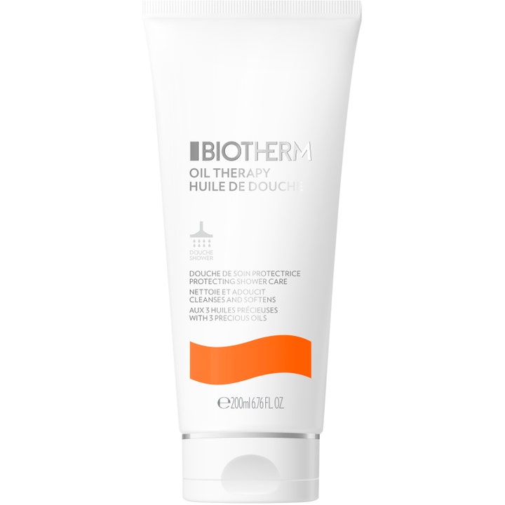 Biotherm Oil Therapy Huile de Douche 200 ml pleiende dusjolje i hvit tube med oransje bølge og hvitt lokk