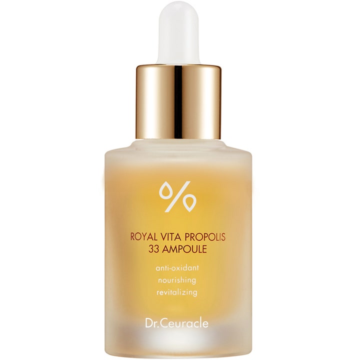 Dr.Ceuracle Royal Vita Propolis 33 Ampoule 15 ml pleiende serum i frostet glassflaske med gulldetaljer og hvit pipette