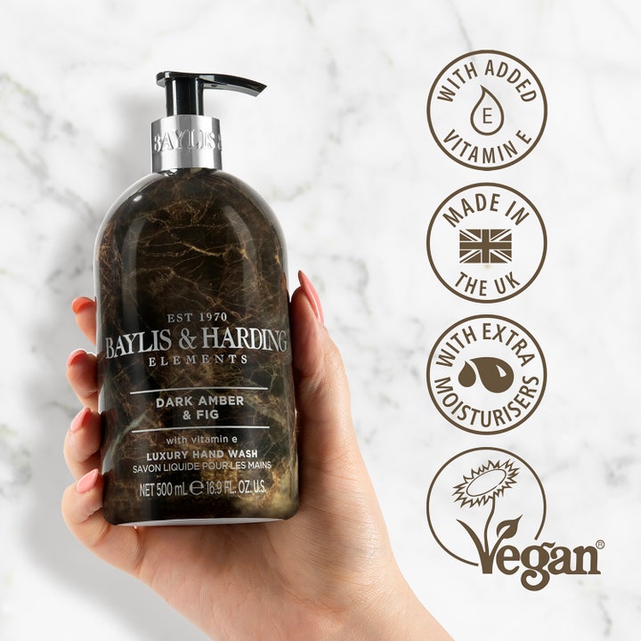 Baylis & Harding Elements Hand Wash 500 ml pleiende vegansk handtvål med vitamin E i mørk marmormønstret flaske