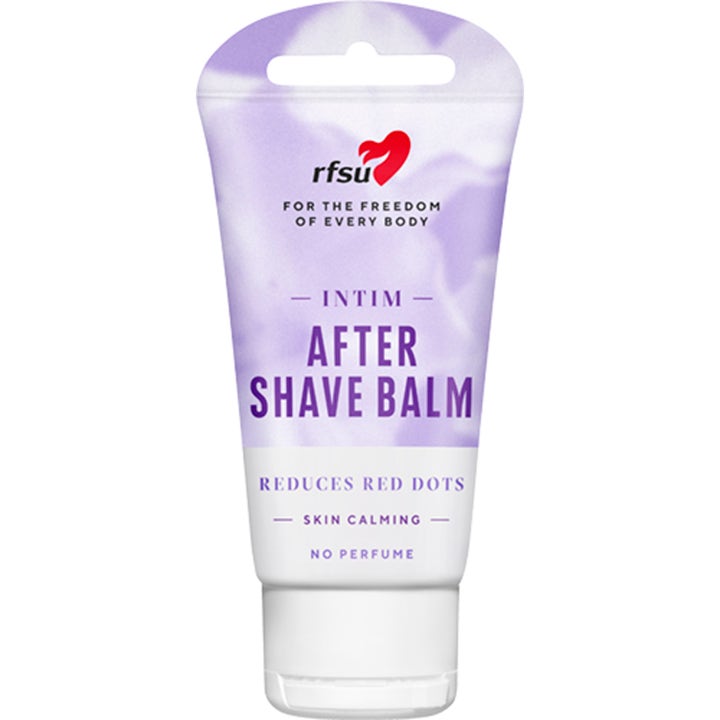 RFSU Intim After Shave Balm motvirker røde prikker og beroliger huden i en lilla og hvit tube med hvit kork