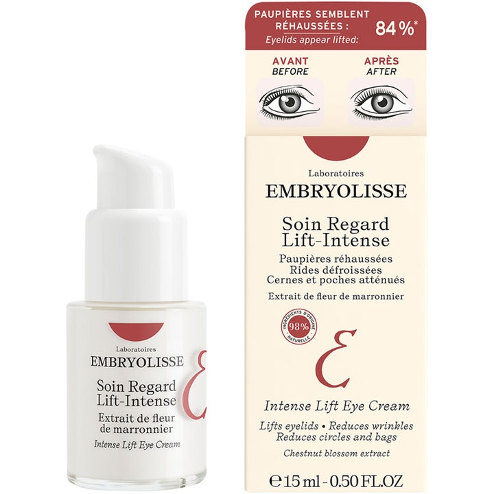 Embryolisse Intense Lift Eye Cream 15 ml oppstrammende øyekrem i hvit pumpeflaske og eske med illustrasjon av øyne.