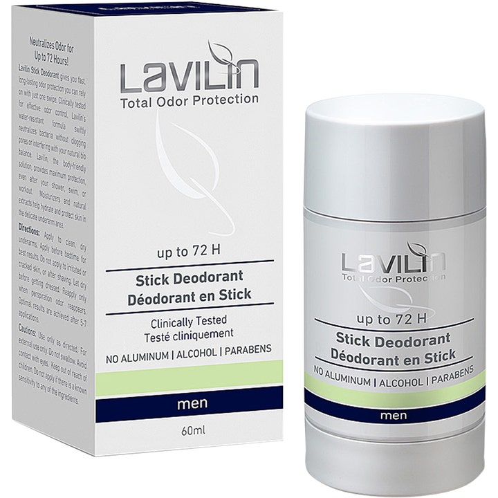 Lavilin Stick Deodorant Men 60 ml gir luktbeskyttelse i 72 timer hvit stift og eske med mørkeblå detaljer.